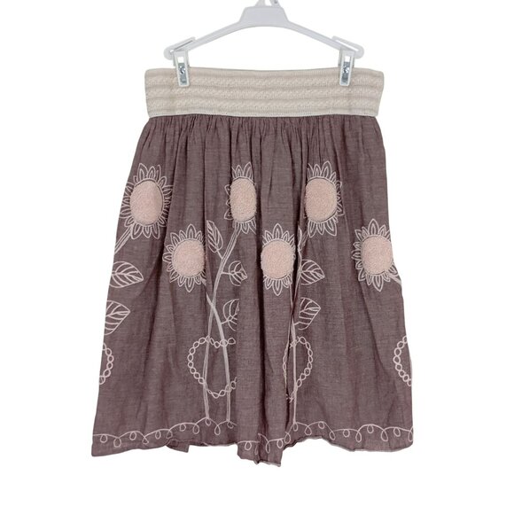Metrowear Dresses & Skirts - Sunflower Skirt Size L Embroidered Pink & Beige 100% Cotton Smocked Waist Women
